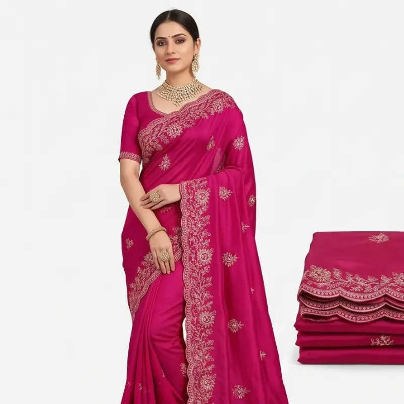 Embroidered HO Silk Saree with Scalloped Border