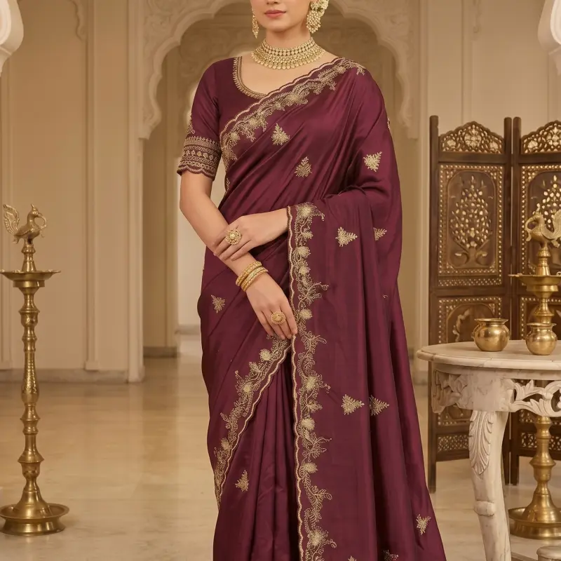 Embroidered HO Silk Saree with Floral Zari Cutwork Scalloped Border and Buttis